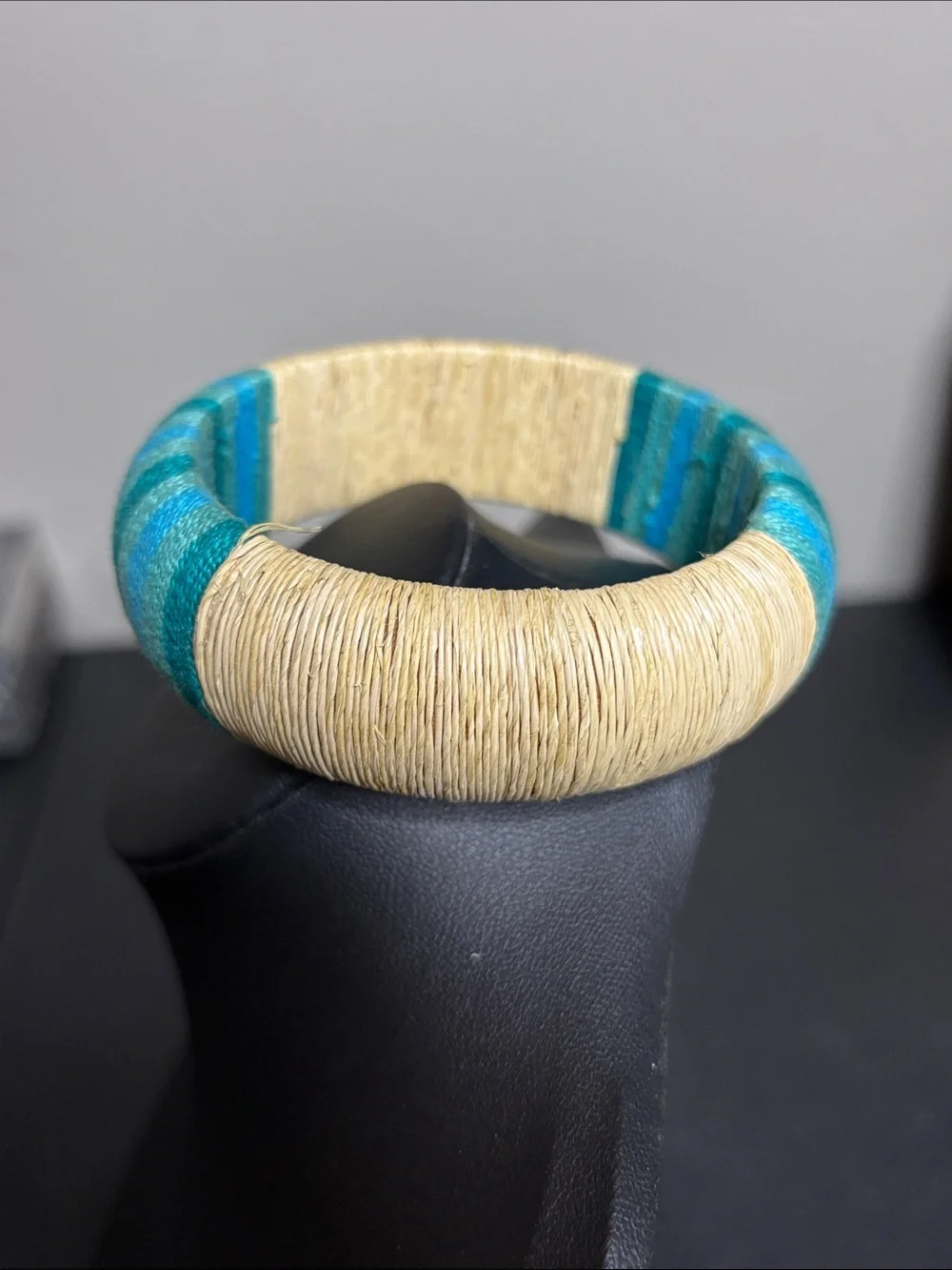 Boho Resort Hand-Wrapped Blue & Natural Straw Bangle Bracelet